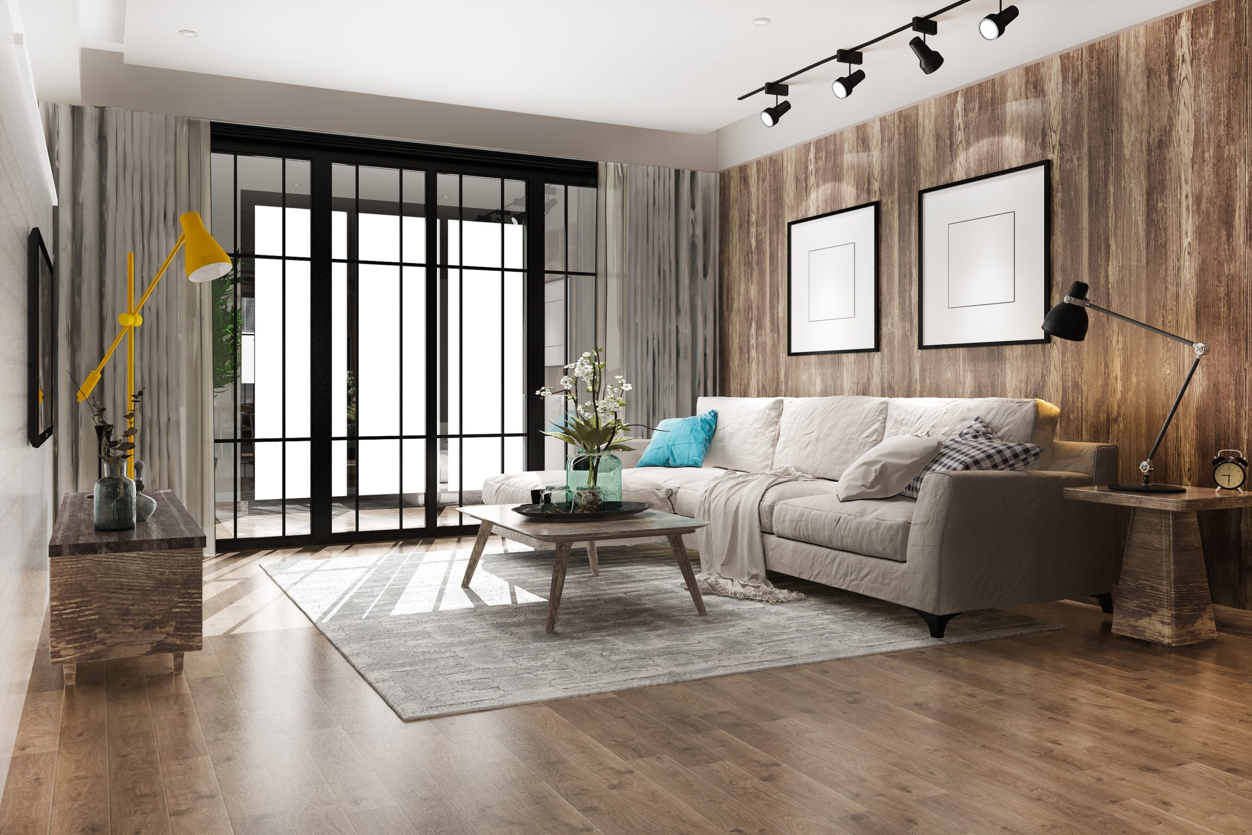 3D rendering of a luxury loft living room with hardwood floors